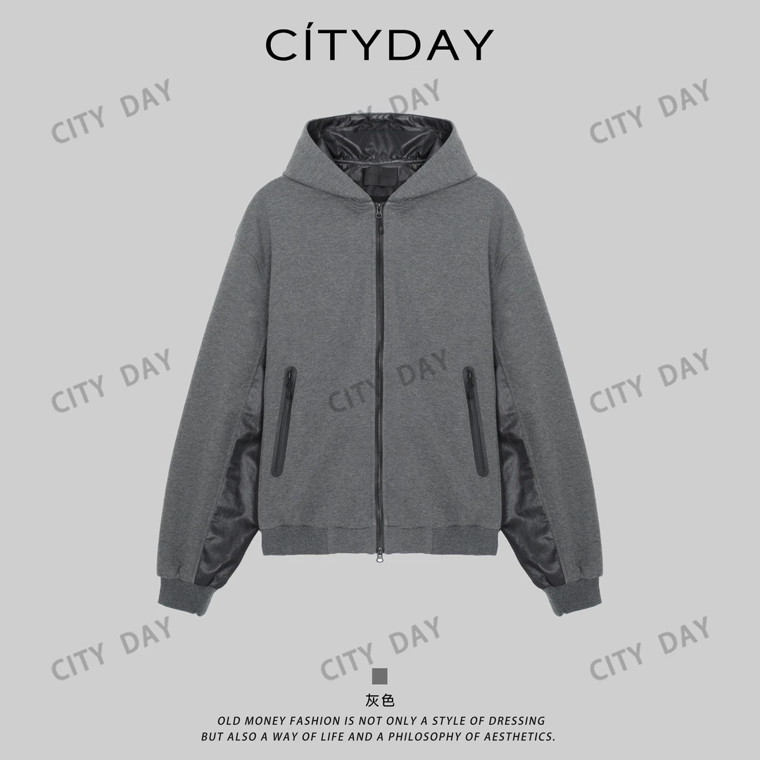 City Day【灰叔】顶奢质感-高级撞色拼接松弛感连帽外套 990015