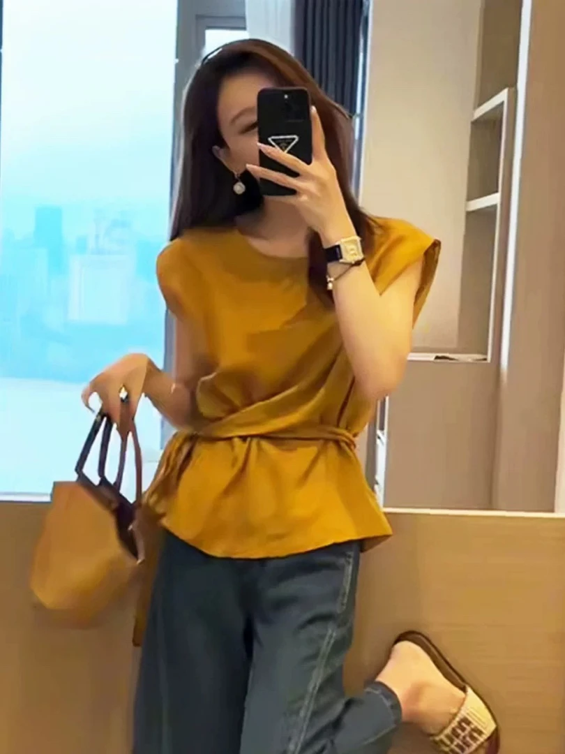 7760#欧洲站洋气圆领纯色收腰显瘦轻薄衬衫女夏新款超仙百搭上衣