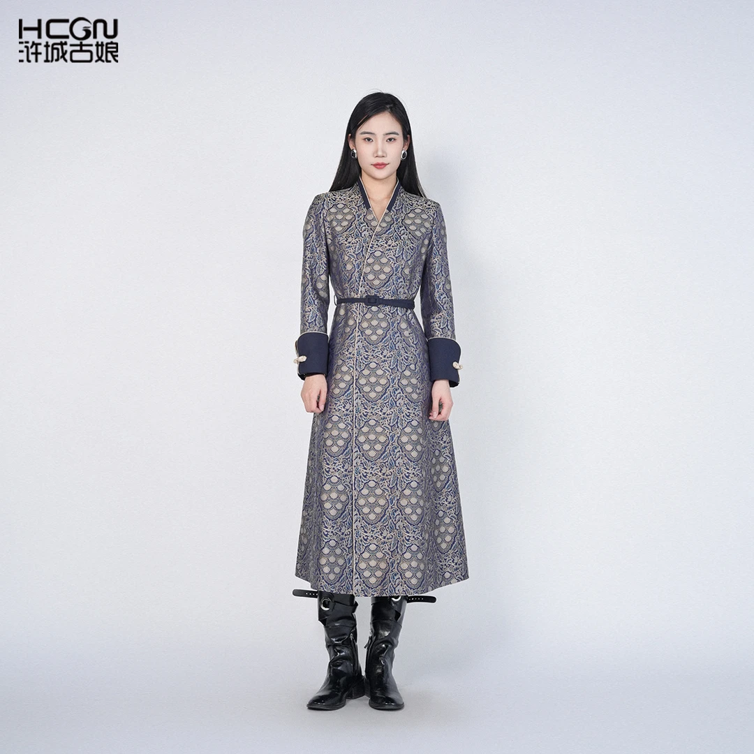 浒城古娘2025新款国风气质高级优雅减龄织鸢宋锦连衣裙HASS030005