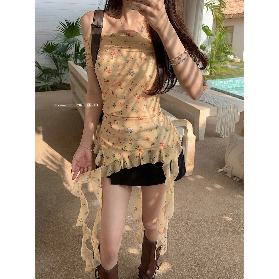 夏辣妹复古一字肩碎花不规则气质法式T恤收腰显瘦温柔小衫女35938