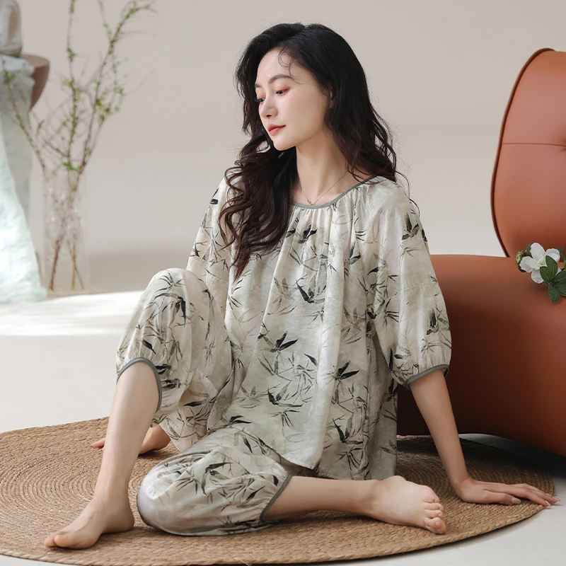 2025新款睡衣女夏季棉七分袖圆领套头宽松薄款大码休闲家居服套装