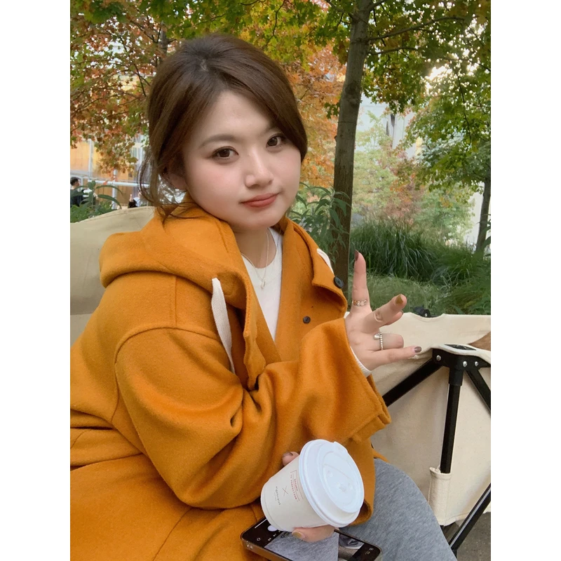 【ALINDM年中大清仓】胖mm休闲毛呢外套200斤连帽双面呢大衣AS24137