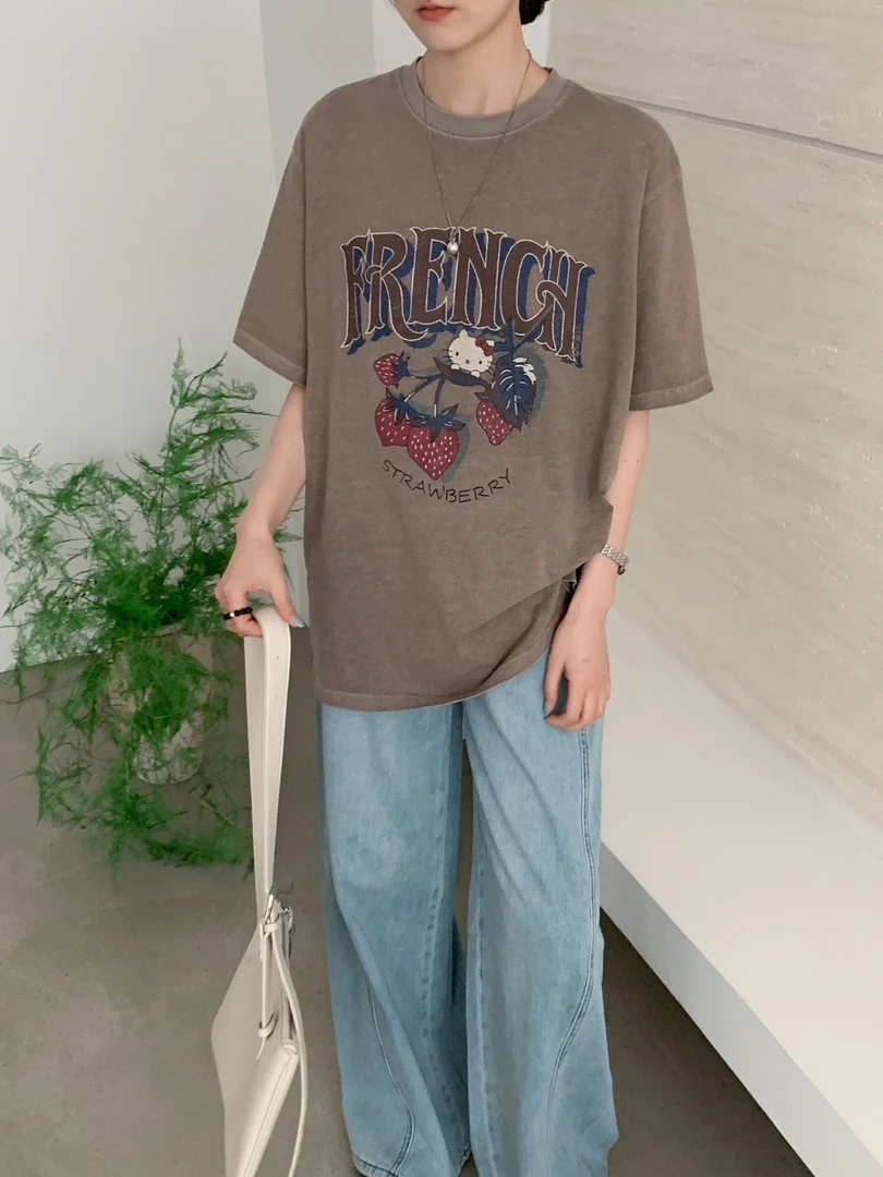 LANG TU-【甜心草莓KT】韩单重工水洗草莓KT短袖T恤短百搭显瘦短袖