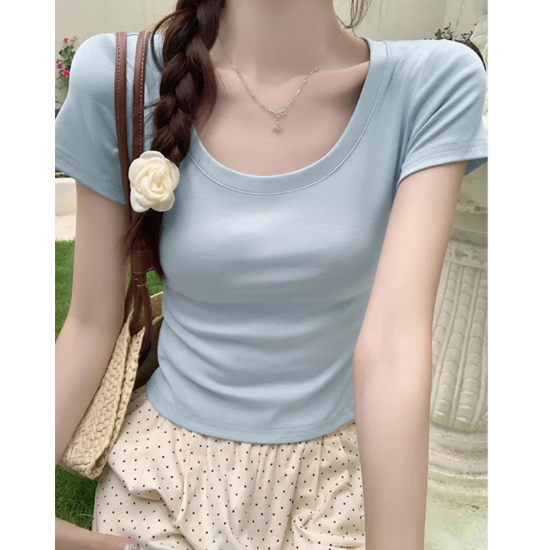 2025新款正肩短袖t恤女夏季修身大U领露锁骨显瘦辣妹短款打底上衣