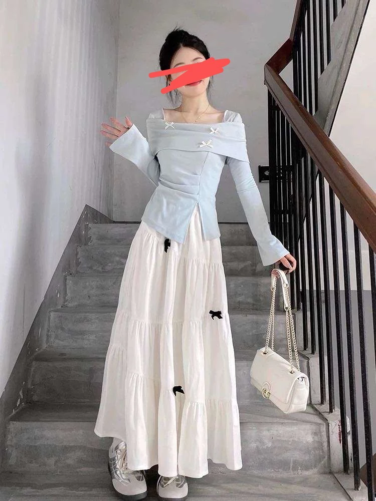 韩系蝴蝶结一字肩长袖➕半身裙春秋2025大码女装设计感修身显瘦