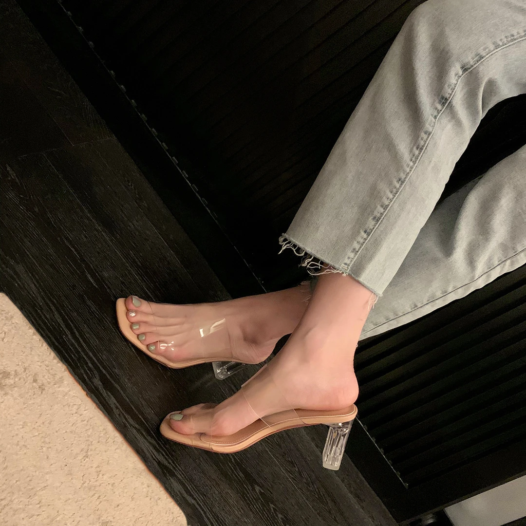 夏季新款舒适百搭凉拖鞋透明2025年一字带水晶高跟粗跟凉鞋网红
