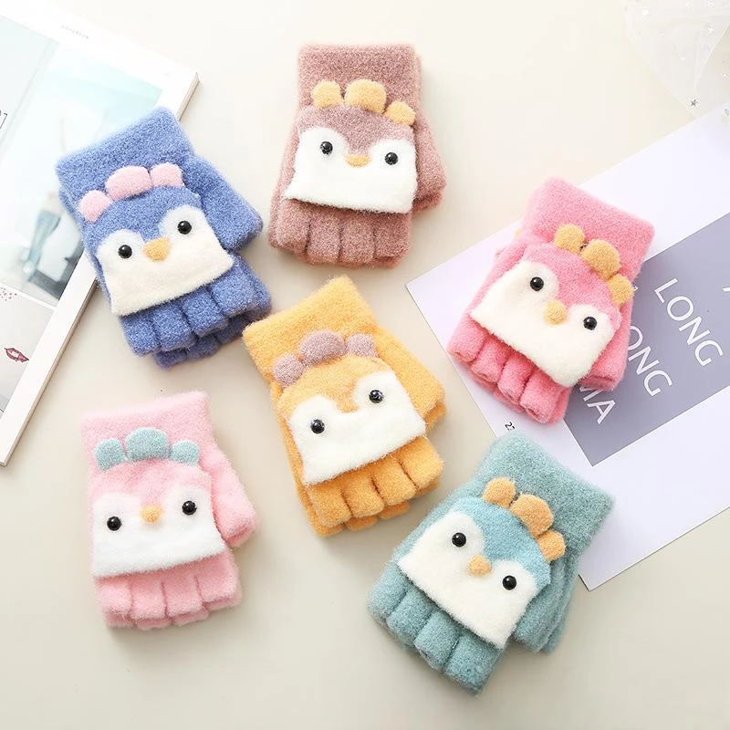 【Muusu】冬季儿童时尚手套企鹅翻盖半指手套萌趣保暖学生写字手套