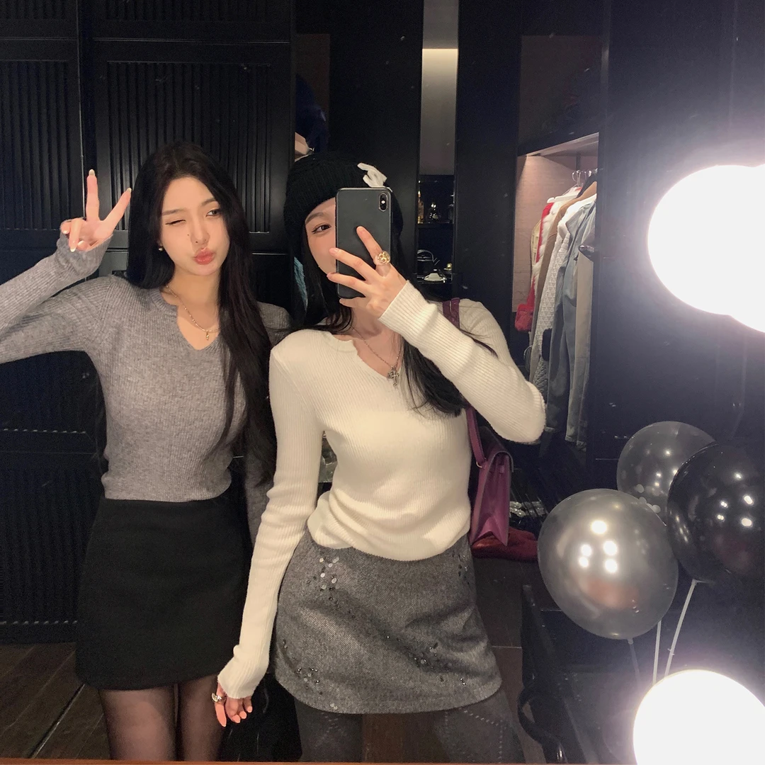 区区欧阳瘦瘦辣辣衫！V领针织衫女冬季修身显瘦慵懒风毛衣内搭打底