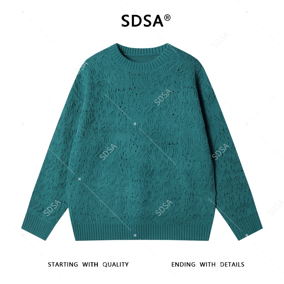 SDSA男士秋冬新款痞帅男装潮牌简约纯色勾破圆领毛衣慵懒风针织衫