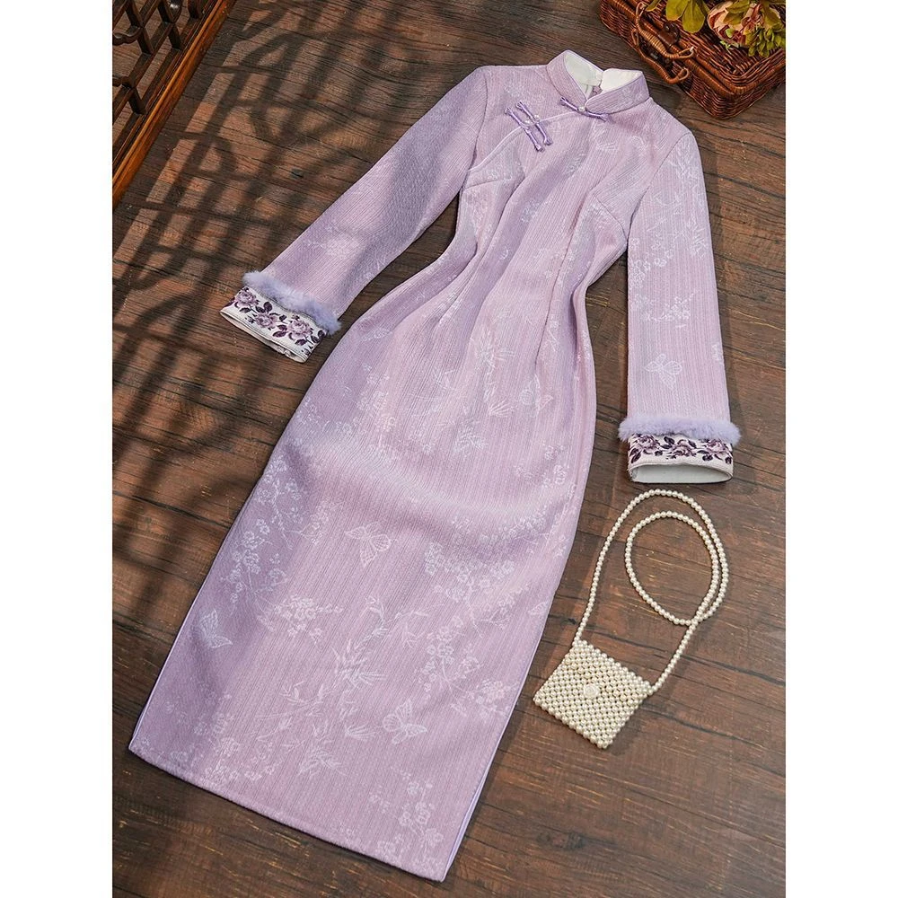 【紫嫣】看紫色新中式旗袍2025年新款秋冬季加绒加厚百搭高级感少女