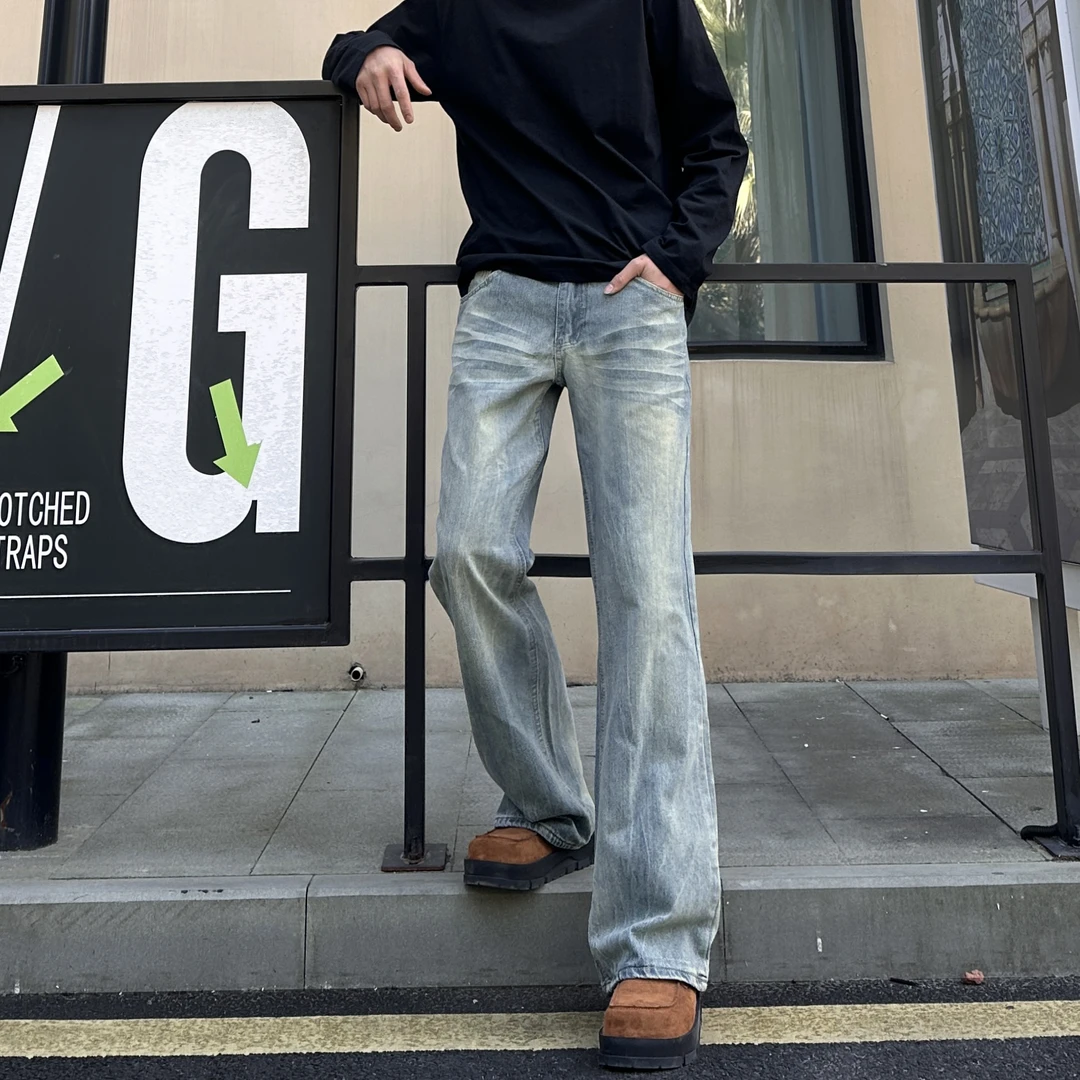 QUALCOMM美式复古闪电纹微喇牛仔裤男春款cleanfit百搭直筒长裤子