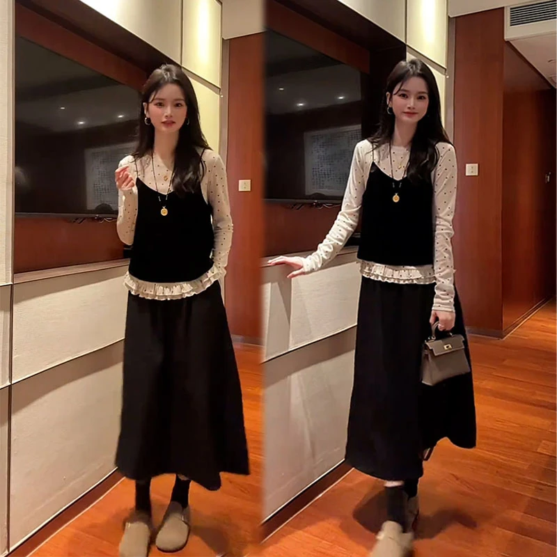 2025秋季新设计感女百搭吊带波点木耳花边长袖打底衫半身裙三件套