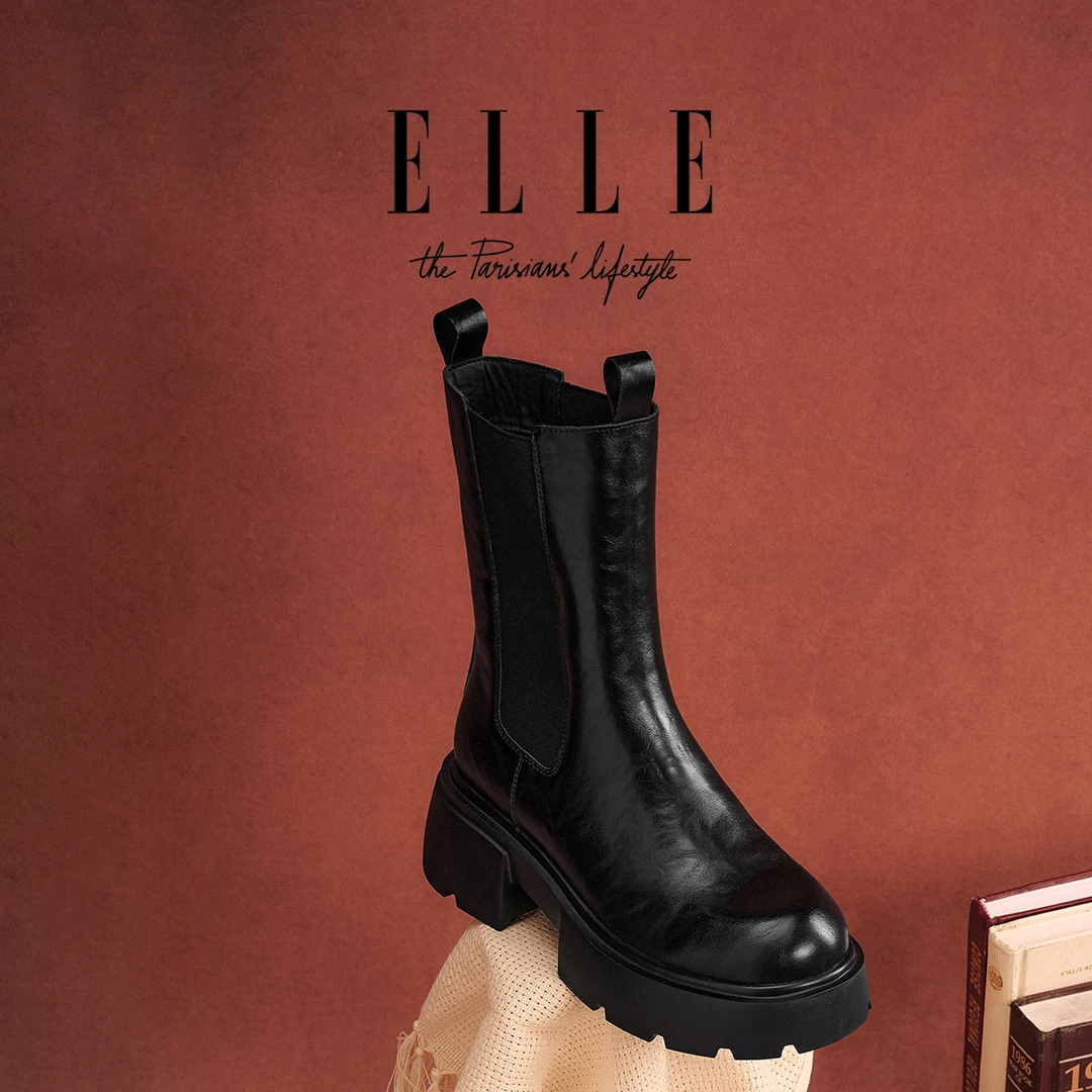 ELLE真皮厚底切尔西女靴2025新款英伦风马丁靴今年流行的烟筒短靴