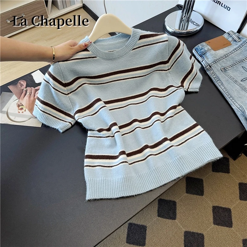 拉夏贝尔针织毛衣条纹显瘦小众短袖圆领小个子短款内搭外穿上衣女