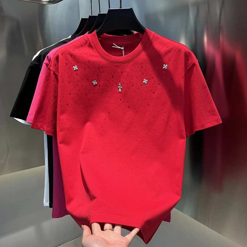 2025早春男士新款潮流烫钻时尚圆领百搭半袖休闲高品质男装短袖
