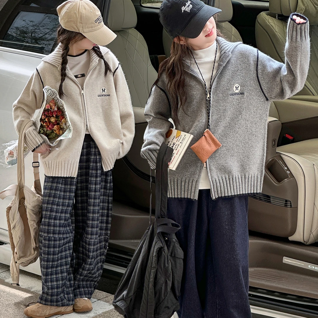 女童翻领针织开衫毛衣外套2025秋季6-12岁潮款中大童时髦洋气休闲