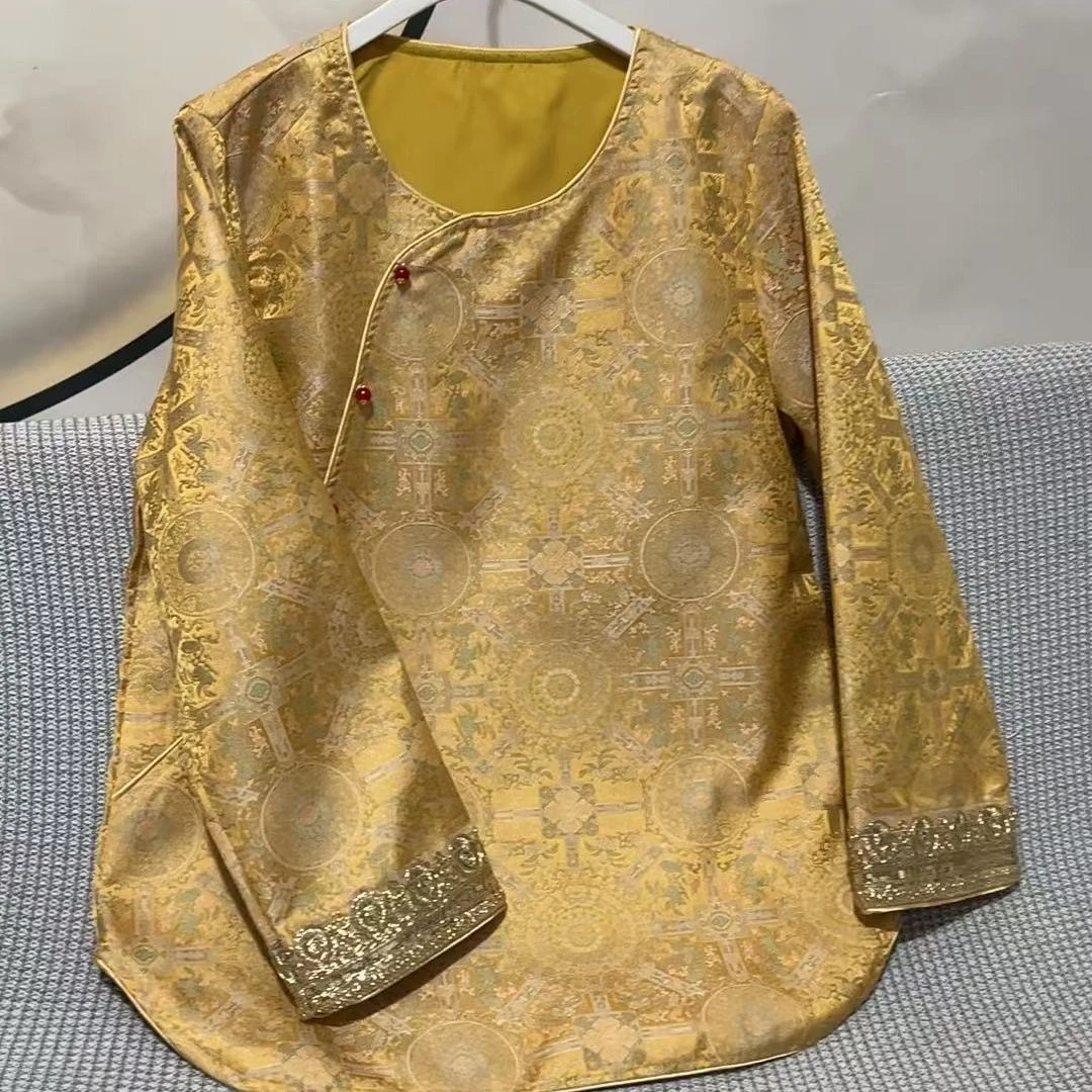 新中式高端春秋圆领斜襟重磅提花长袖女装