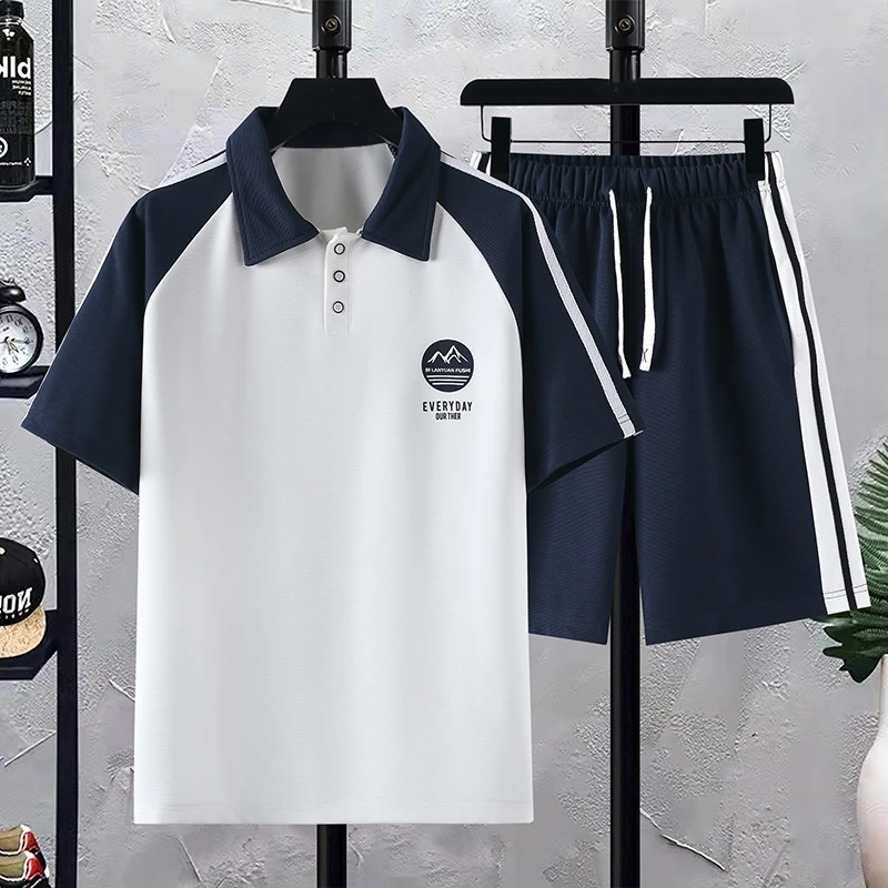 夏季学院风韩版短袖t恤男孩宽松潮流男装青少年POLO衫运动套装