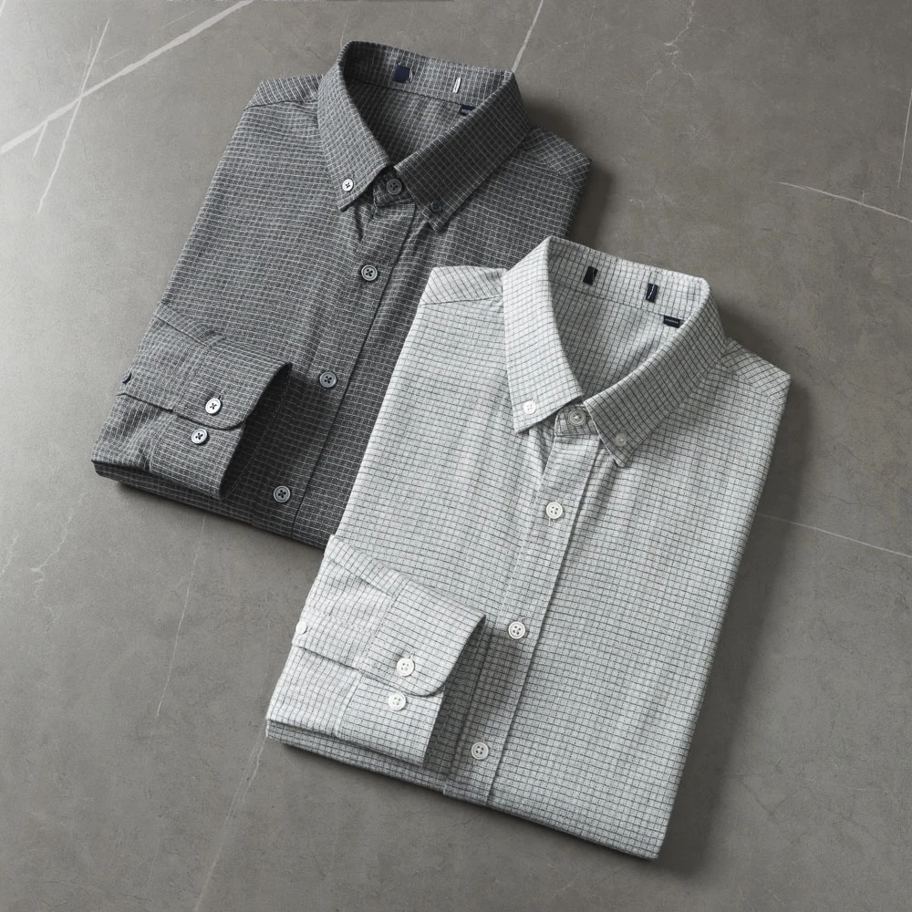 水洗磨毛+100棉 品牌撤柜纯棉休闲格子衬衫男士商务休闲长袖衬衣