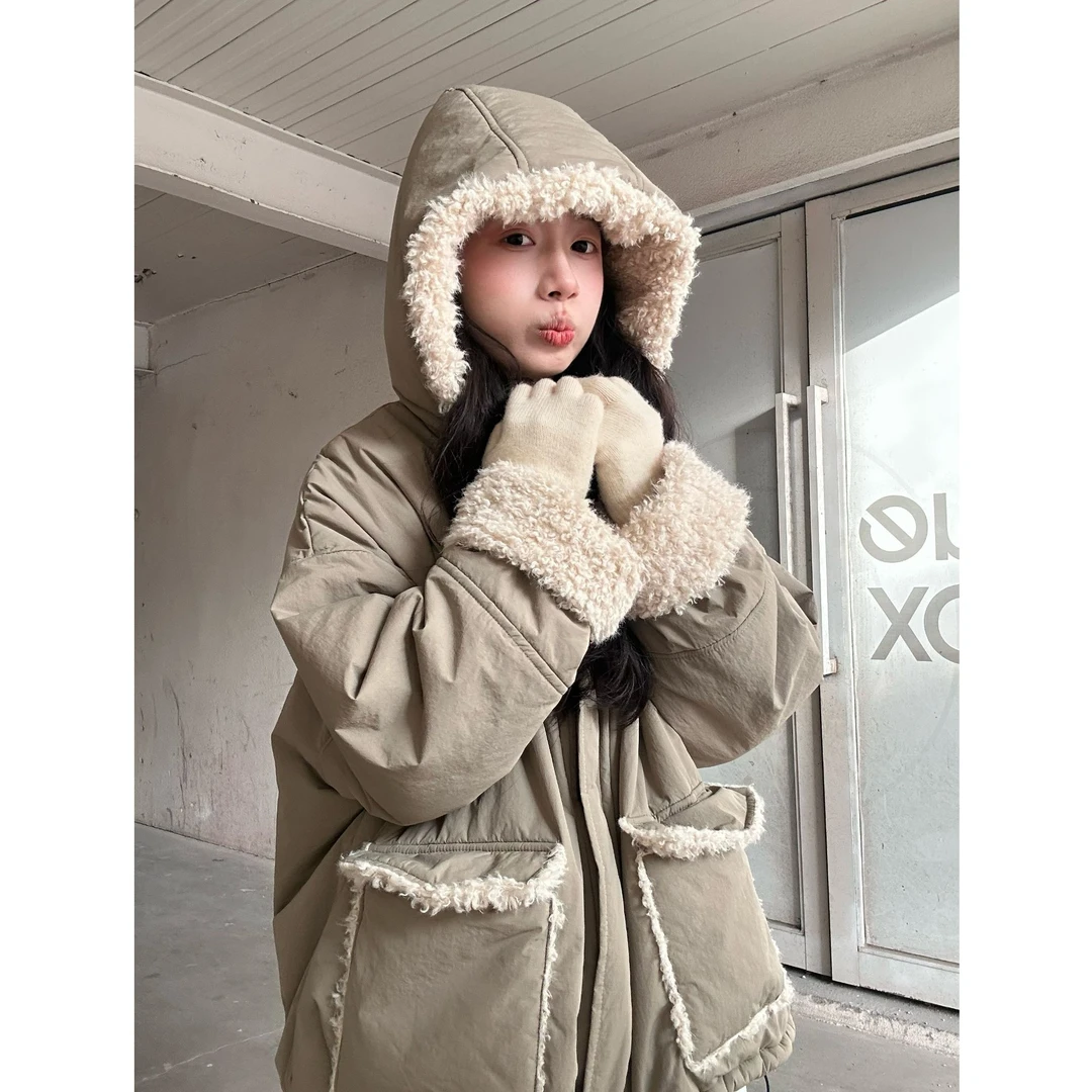 【京雪】加绒外套工装慵懒毛绒内里秋冬保暖宽松遮肉连帽厚外套