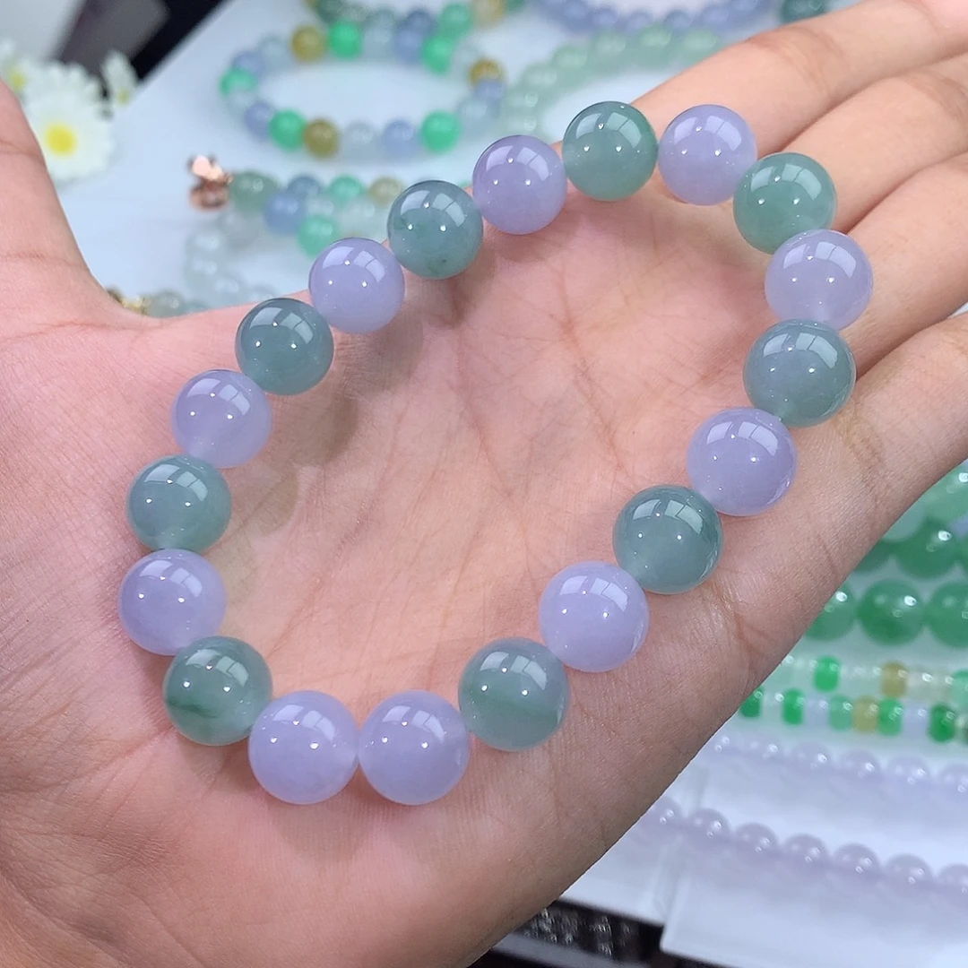 翡翠未镶嵌手链双彩马卡龙手串