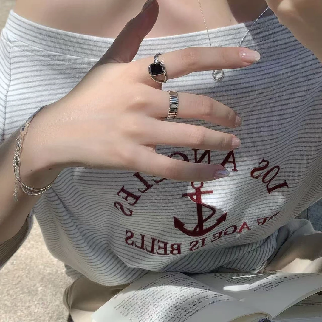 复古做旧黑色方形戒指女百搭潮小众设计感冷淡风开口可调节食指