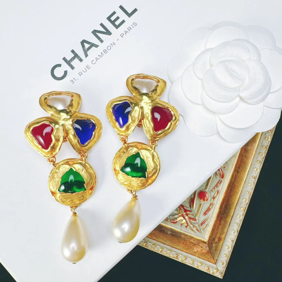 95新 Chanel/香奈儿 柚礼中古/香奈儿彩色琉璃珍珠耳夹lz507341