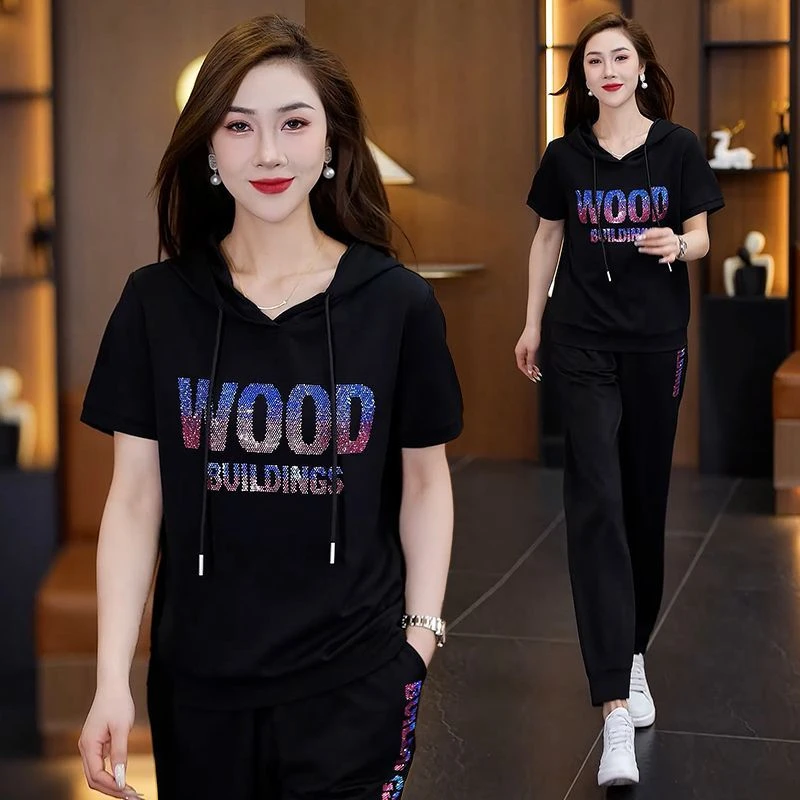 高品质时尚烫钻休闲服运动套装女2025夏季新款重磅冰丝短袖两件套