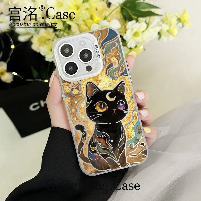 敦煌月亮黑猫彩银壳适用于iPhone苹果17手机壳华为oppo小米手机壳