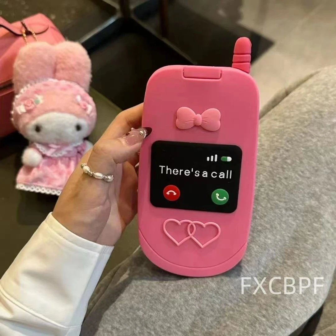 玫红翻盖补妆镜iPhone14手机壳适用苹果15promax/卡通硅胶手机壳