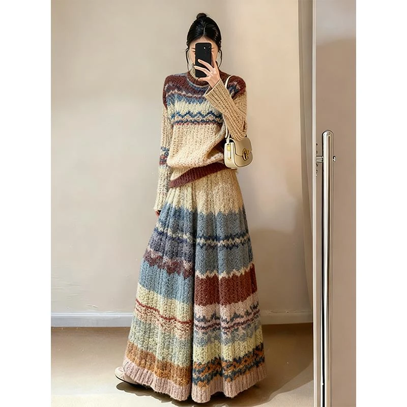 2025秋冬复古彩虹系毛衣半身裙套装女冬季两件套大码女装显瘦减龄