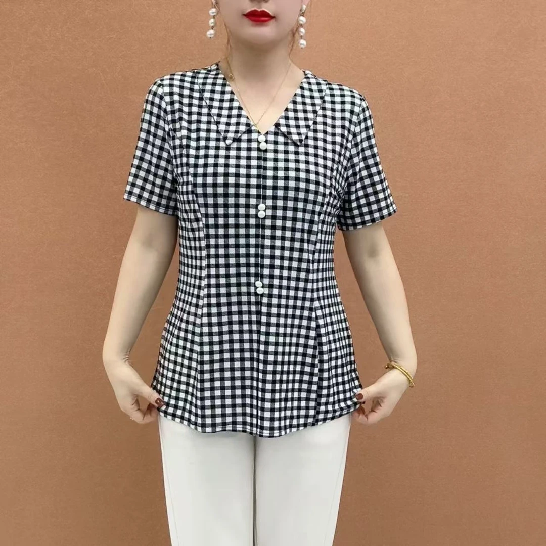 2025夏季新款娃娃领格子显瘦百搭上衣6928气质妈妈装