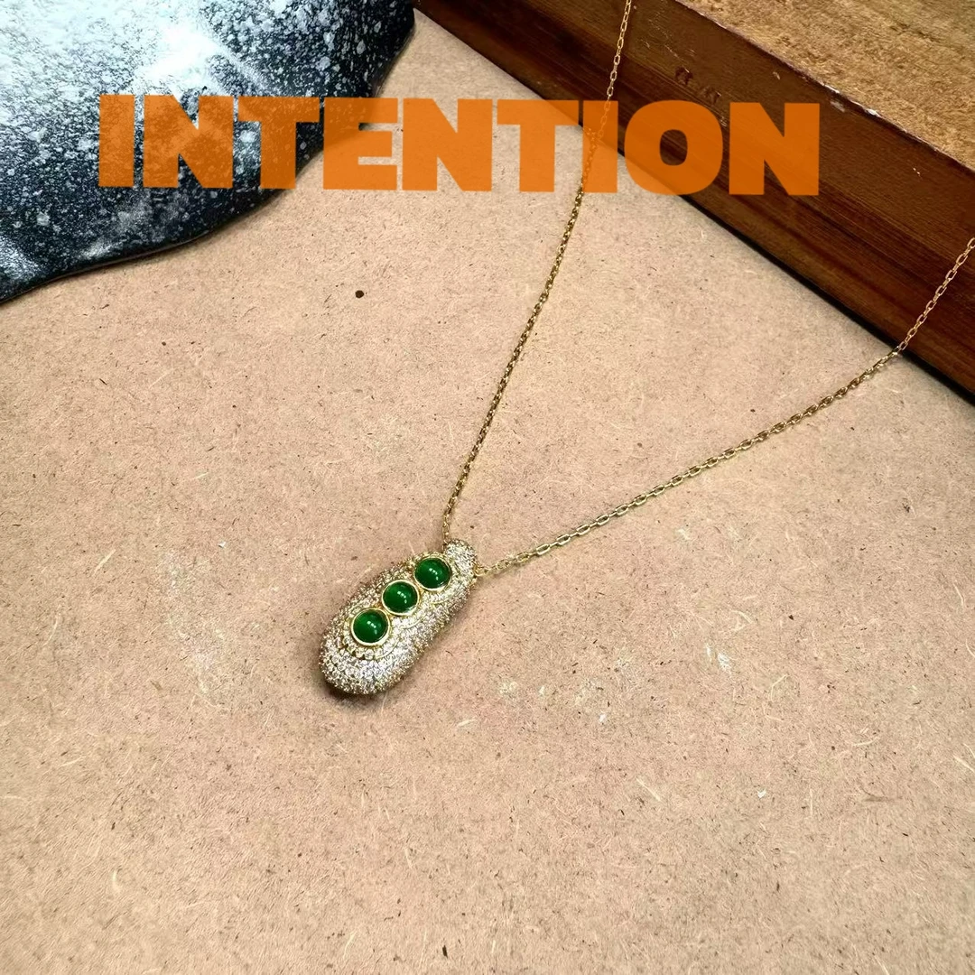 正品INTENTION满z豪镶翡翠豆子吊坠带链子AE509