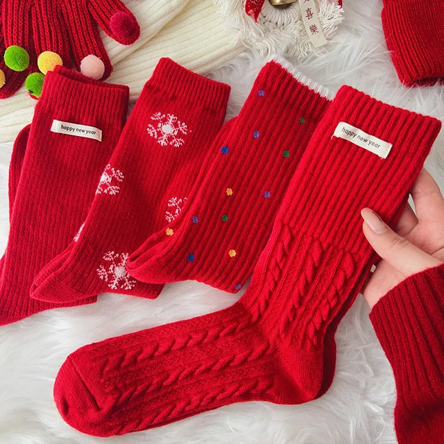 红袜子女长袜本命年龙年秋冬配鲨鱼裤新年长筒红色棉中筒堆堆袜