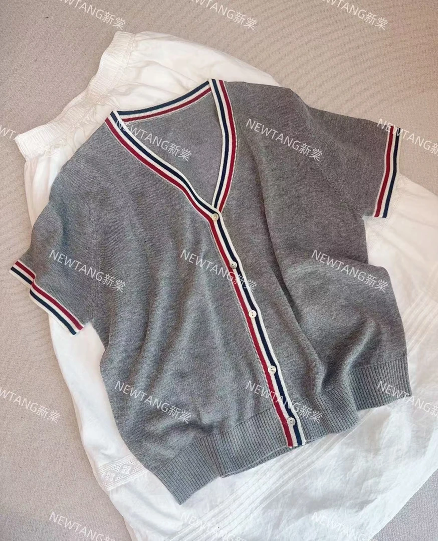 【蓝红交织】236气质时尚复古条纹领简约开衫短袖