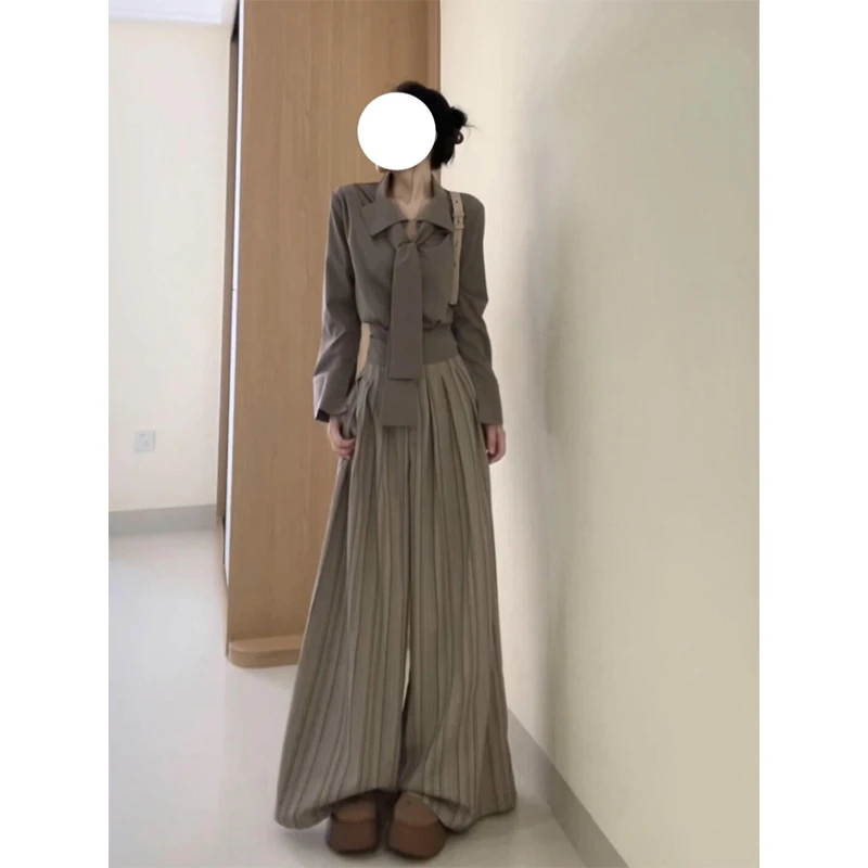 MARIE.COCO灰色系带长袖衬衫女秋季新款褶皱条纹阔腿休闲裤套装
