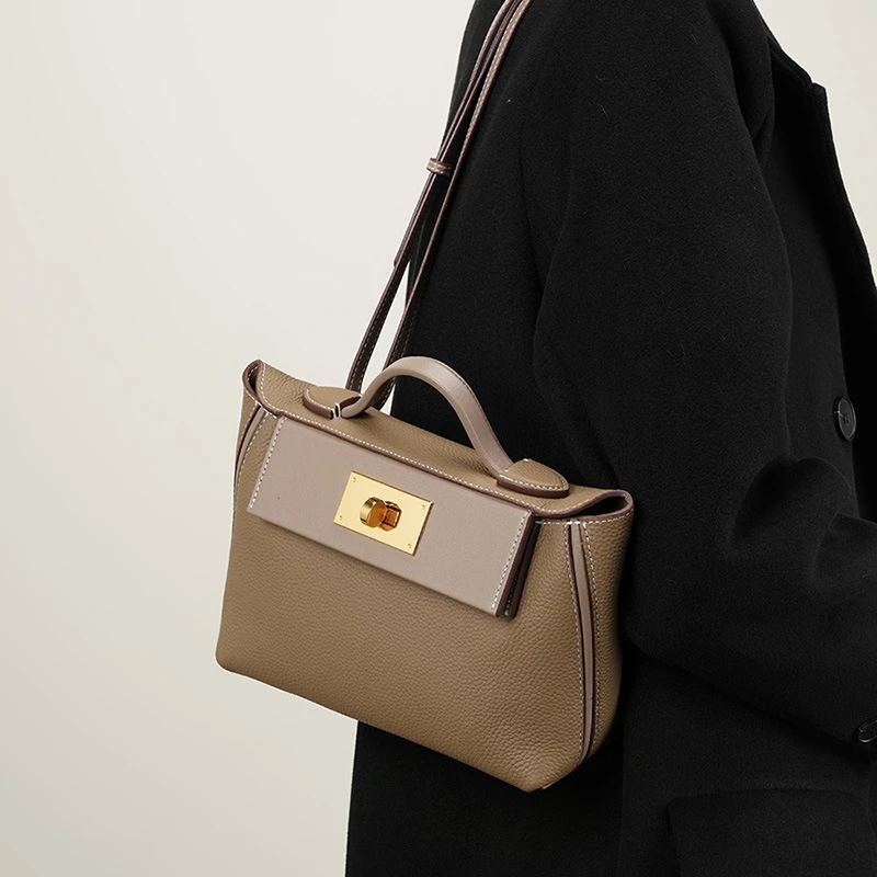 女包新款复古凯丽迷你头层牛皮方型手提斜挎背包大象灰奶昔白