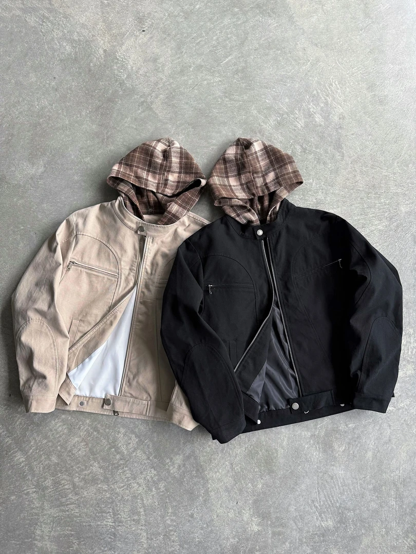 美式复古哈灵顿假两件帽子可拆格纹拼接夹克春秋百搭休闲宽松外套