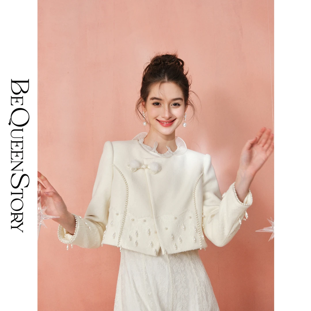 韩韩IU【雪落梨花】澳毛法式蕾丝水晶珠水貂毛盘扣单面呢外套