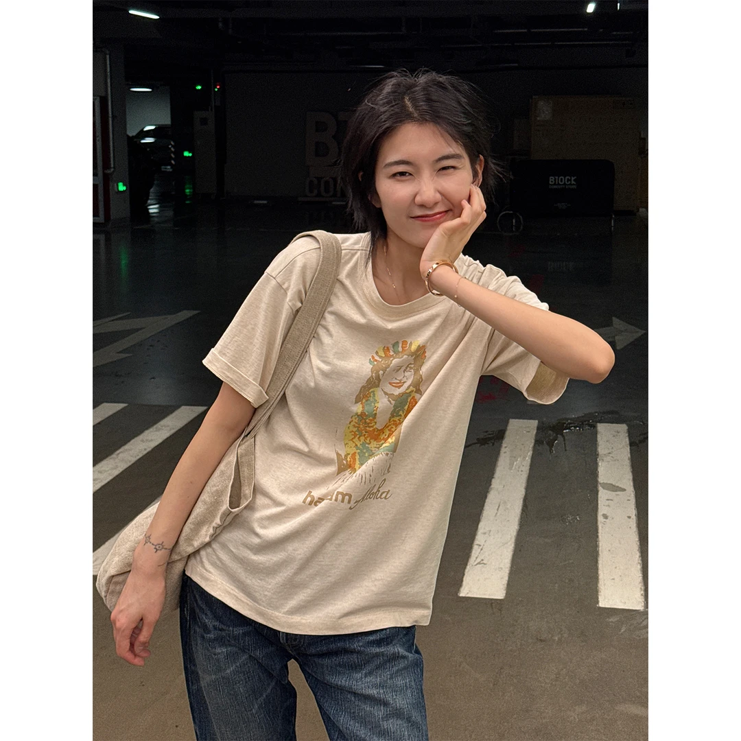 LANGQING 米色印花夏季慵懒松弛感纯棉休闲圆领女士T恤44551#