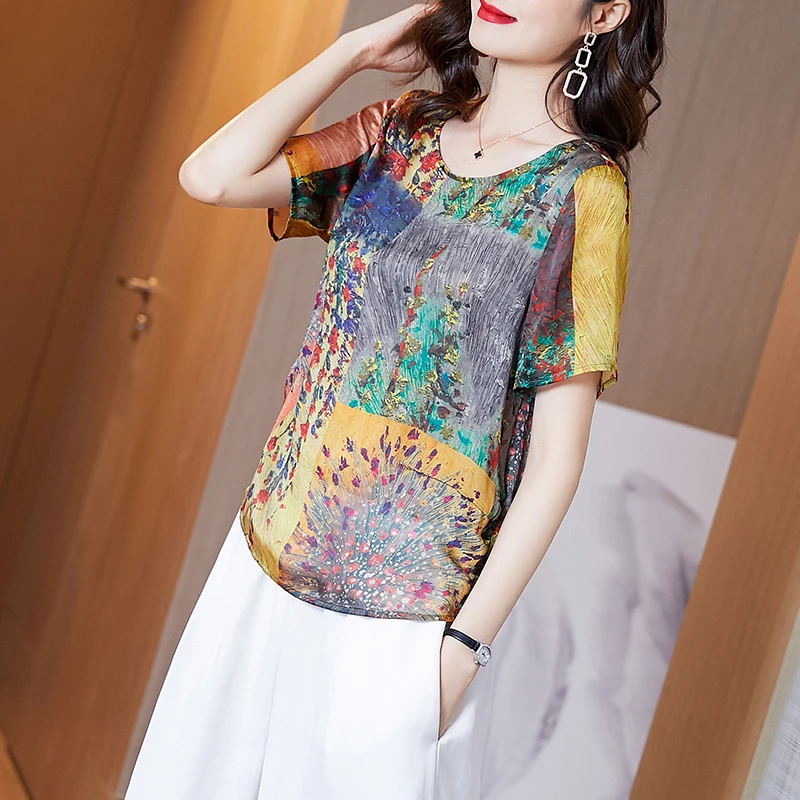 短袖雪纺衫女新款气质有垂感衬衫油画遮肚洋气小衫大码雪纺上衣