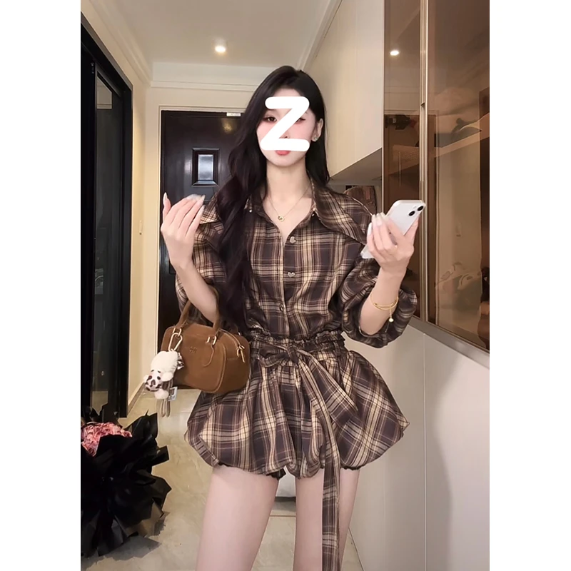 复古设计感格纹衬衫裙裤女时尚穿搭花苞蓬蓬裙半身裙两件套小众