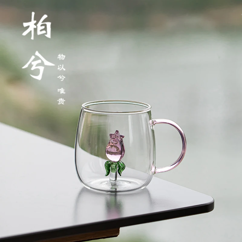 立体玫瑰花喝水杯子高硼硅玻璃带把水杯咖啡杯下午茶凉水杯花茶杯