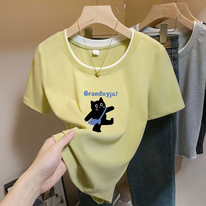 夏季2025新款拼接假两件遮肚显瘦短袖t恤女装洋气大码圆领上衣潮