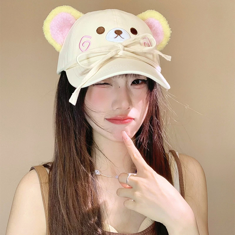 可爱蝴蝶结轻松熊棒球帽女夏季卡通显脸小帽子户外遮阳鸭舌帽