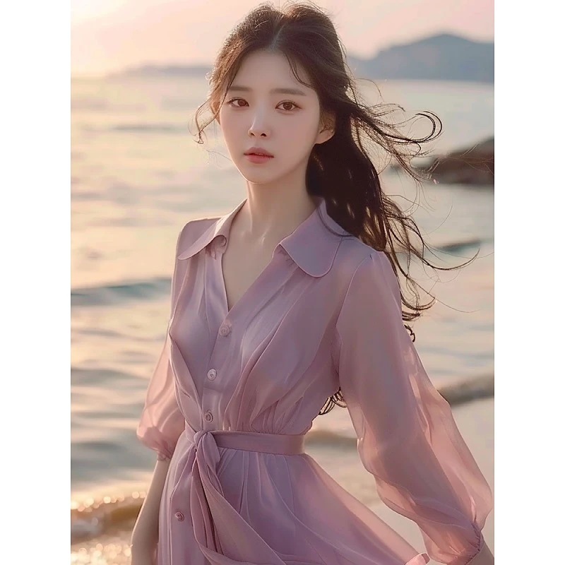 紫色衬衫连衣裙女2025春季新款海边度假风气质温柔绝美裙