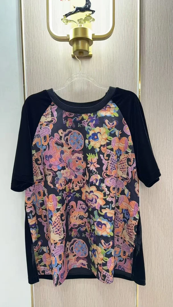 圆领百搭ins印花短袖常规款拼接气质T恤女士休闲夏季复古重磅春夏