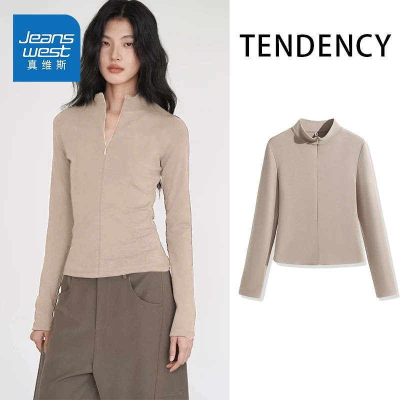 真维斯半高领拉链加绒打底衫女咖色长袖内搭T恤修身显瘦秋冬上衣H