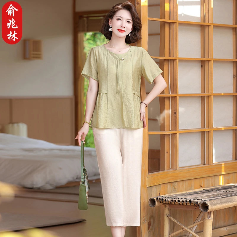 俞兆林新款中年妈妈夏装短袖小衫中老年女夏季上衣阔太太中式套装