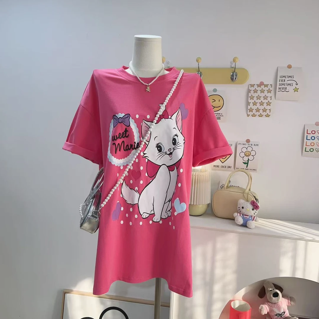 【钱呼呼】清版~粉色猫咪印花宽松大版型短袖上衣女
